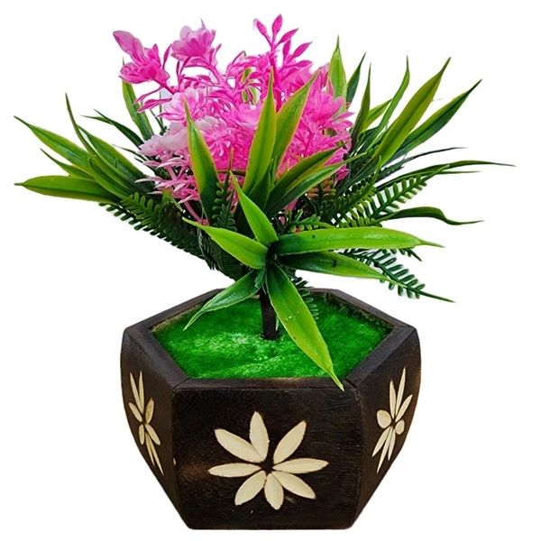 DVMARTÂ® Artificial Flower with Hexagon Wooden Pot (Pink/Green)