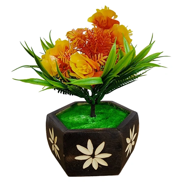 DVMARTÂ® Artificial Flower with Hexagon Wooden Pot (Yellow/Green)