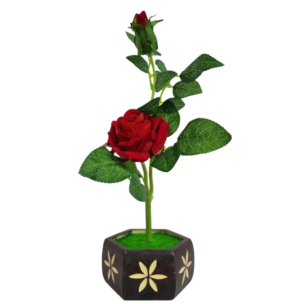 DVMARTÂ® Artificial Red Rose with Hexagon Wooden Pot