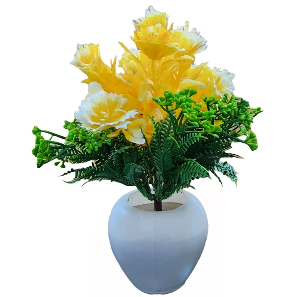 DVMARTÂ®  Decorative  Mini Yellow Flower Green Leaf  With White Pot  (17x25 CM)