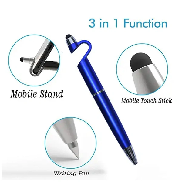 Multi purpose 3 in 1 Ballpoint Function Stylus Pen with Mobile Stand Holder, Writing Pen,Screen Wipe for All Android Touchscreen Mobile Phones and Tablets (Multi-Color)