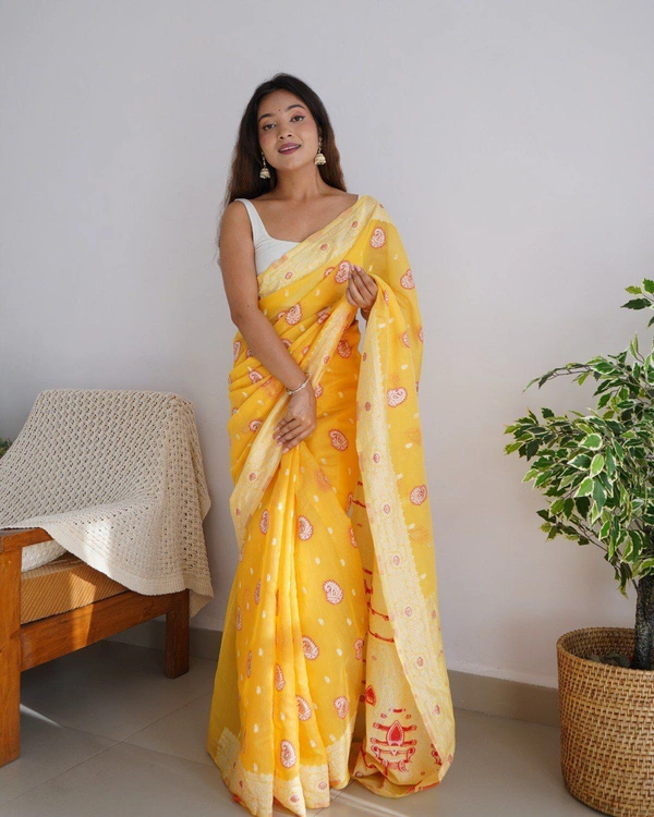 New Soft Feel Georgette Woven Temple Jari Border - Sundown