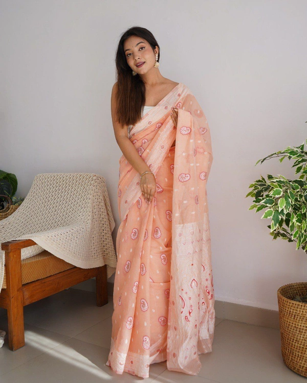 New Soft Feel Georgette Woven Temple Jari Border - Sundown