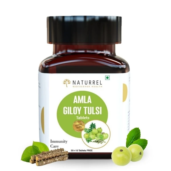 Naturrel NATURREL Amla, Giloy & Tulsi - 60 Tablets | Rich in Viatmin C | Helpful in infection |100% Pure & Natural Tablets| Pack of 1 - 60 Tablets (Pack of 1), 24 Months