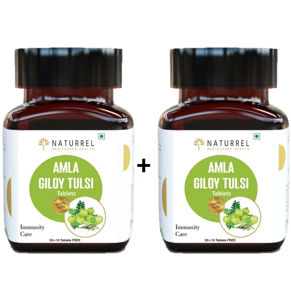 Naturrel NATURREL Amla, Giloy & Tulsi - 120 Tablets | Rich in Viatmin C | Helpful in infection | 100% Pure & Natural Tablets| Pack of 2 - 120 Tablets (Pack of 2), 24 Months