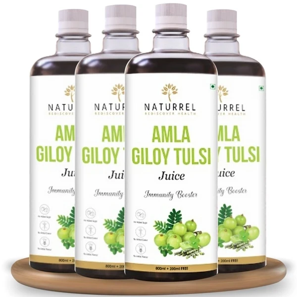 Naturrel NATURREL Amla, Giloy & Tulsi (3-in-1) Juice - 4L | Immunity Booster | Rich in Vitamin C | Ayurvedic Detox | 100% Pure & Natural Juice | Pack of 4 - 4 Liter (Pack of 4 ), 24 Months