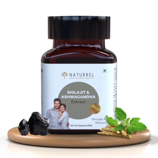 Naturrel NATURREL Ashwagandha & Shilajit - 60 Tablets | Improve Strength & Stamina | Helps in Stress | 100% Pure & Natural Tablets| Pack of 1 - 60 Tablets (Pack Of 1), 24 Months