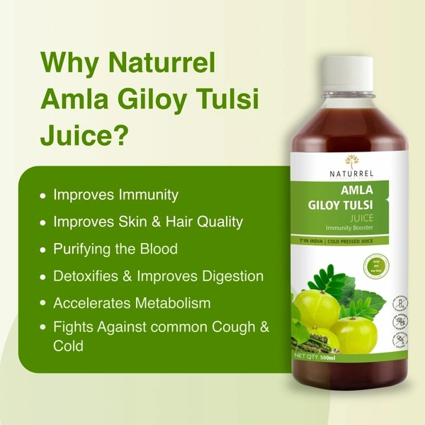 Naturrel NATURREL Amla, Giloy & Tulsi (3-in-1) Juice - 500ml + 500ml | Immunity Booster | Rich in Vitamin C | Ayurvedic Detox | 100% Pure & Natural Juice | Pack of 2 - 500ml + 500ml (Pack Of 2), 24 Months