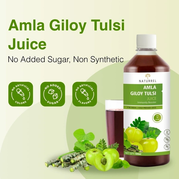Naturrel NATURREL Amla, Giloy & Tulsi (3-in-1) Juice - 500ml + 500ml | Immunity Booster | Rich in Vitamin C | Ayurvedic Detox | 100% Pure & Natural Juice | Pack of 2 - 500ml + 500ml (Pack Of 2), 24 Months