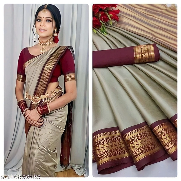 Upstyle  Mira Pattu Cotton Silk Saree with Blouse Piece  - Free Size, Heathered Gray