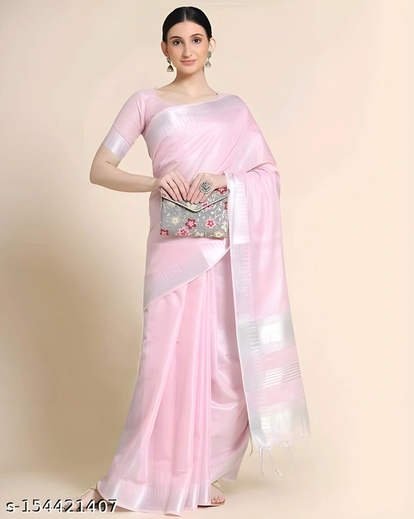 Upstyle  Linen Silver Zari Patta Saree With Lilen Blouse - Free Size, Sundown