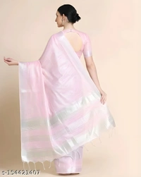 Upstyle  Linen Silver Zari Patta Saree With Lilen Blouse - Free Size, Sundown