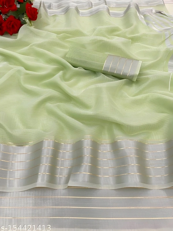 Upstyle  Linen Silver Zari Patta Saree With Lilen Blouse - Free Size, Sundown