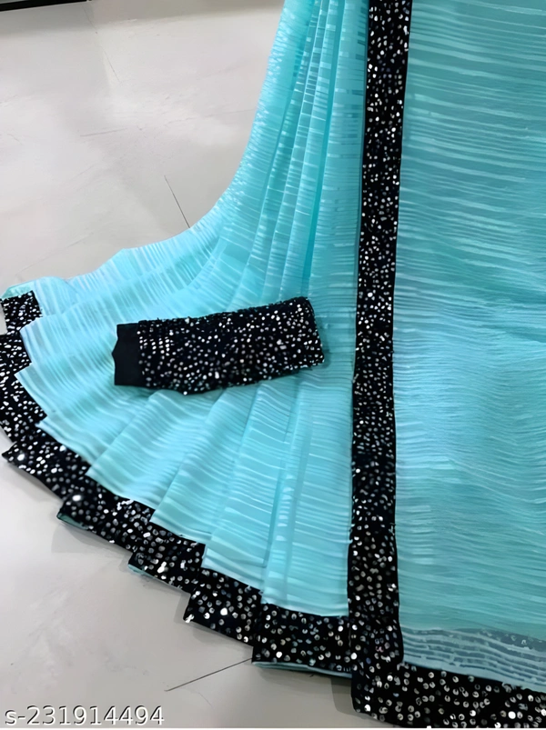 Upstyle Womens Chiffon Embroidery Border Work Saree With Heavy Work Blouse Price - Picton Blue