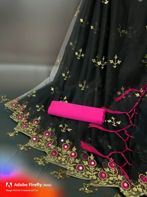 ORGANGA FABRIC NET SARI WITH UNSTITCH BLOUSE  - Black