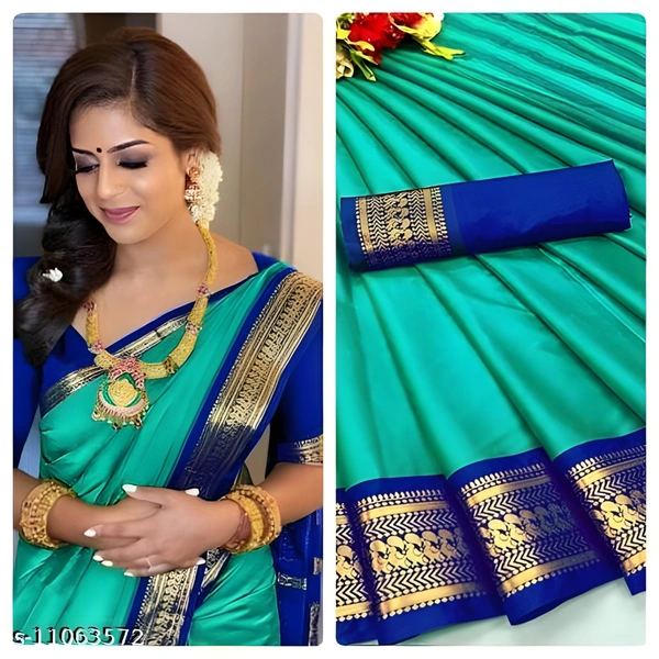 Upstyle  Mira Pattu Cotton Silk Saree with Blouse Piece  - Turquoise Blue