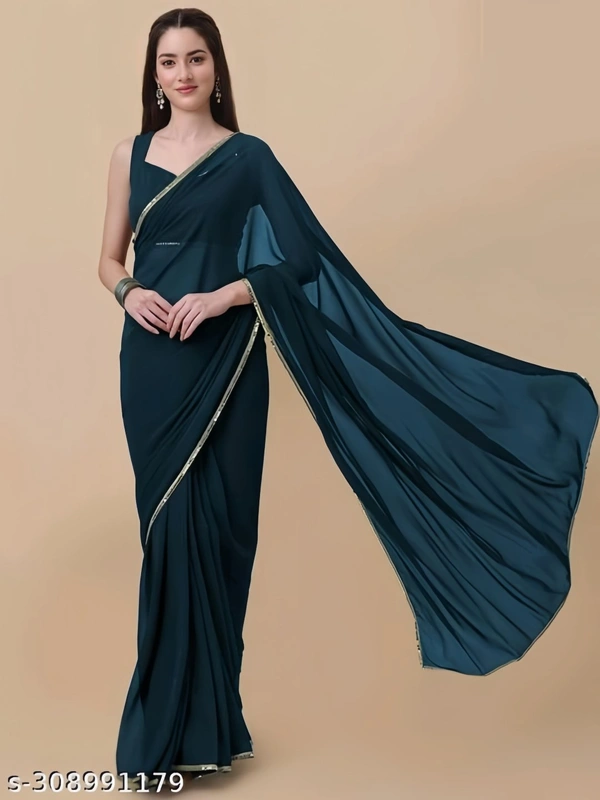 STORE HOUSE Morpich & Gold-Toned Pure Georgette Saree With Sequence Work Lace Border Saree - FREE SIZE
