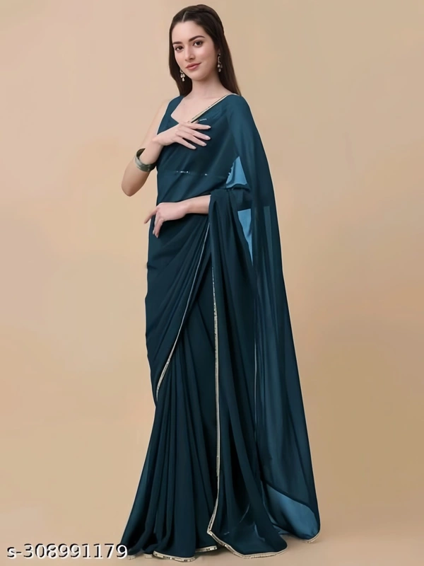 STORE HOUSE Morpich & Gold-Toned Pure Georgette Saree With Sequence Work Lace Border Saree - FREE SIZE
