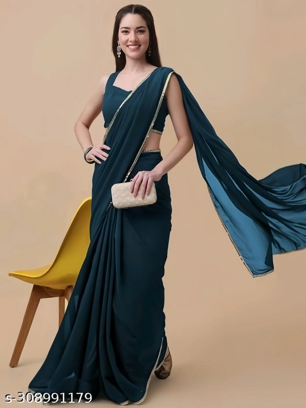 STORE HOUSE Morpich & Gold-Toned Pure Georgette Saree With Sequence Work Lace Border Saree - FREE SIZE