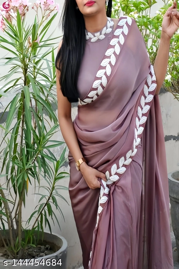 Nude Coloured Georgette Saree with lace border & Blouse