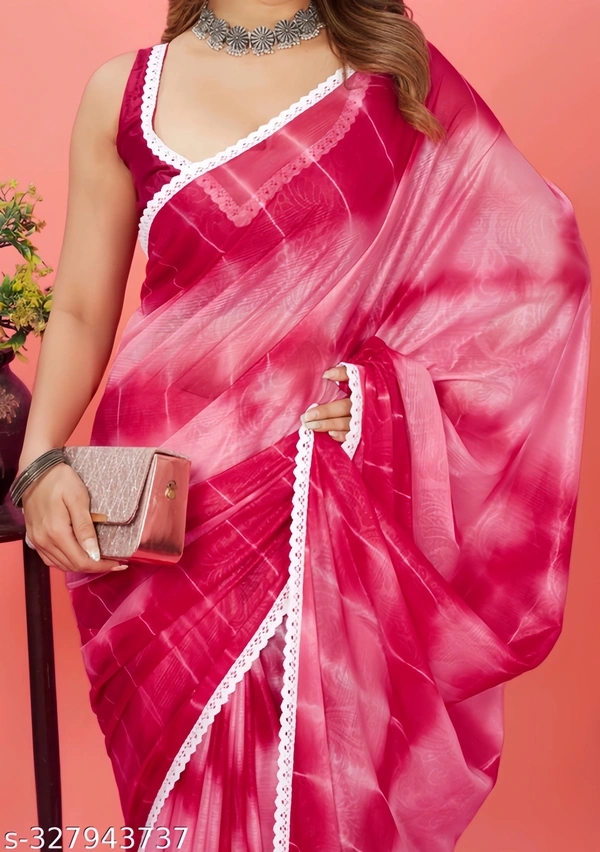 White Lace border Shibori Print Pink Saree  - FREE SIZE