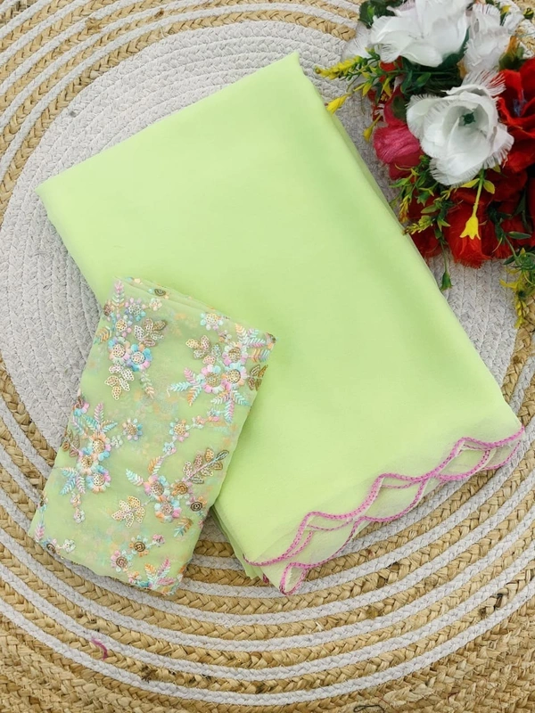 Elegant Light Green Saree with Floral Embroidery - FREE