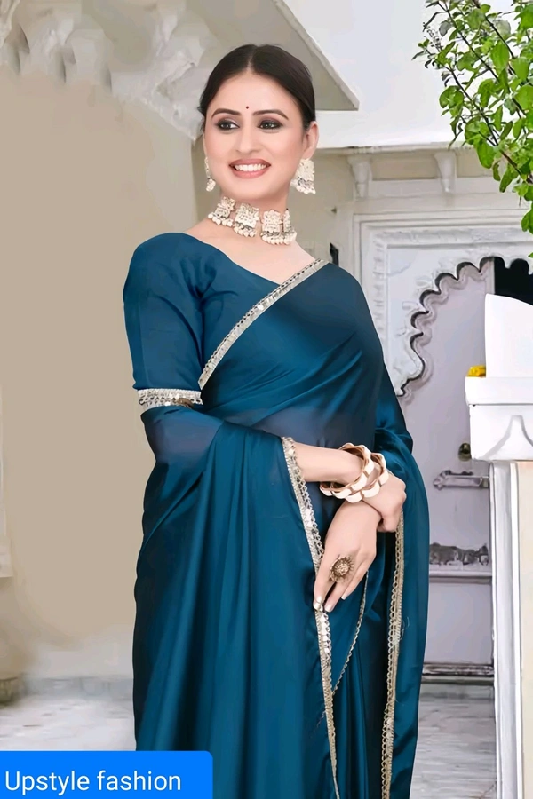 Elegant Teal Blue Satin Saree with Golden Border – Upstyle Fashion Exclusive - FREE SIZE, Azure Radiance, 30
