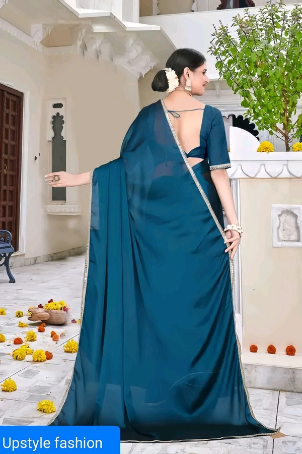 Elegant Teal Blue Satin Saree with Golden Border – Upstyle Fashion Exclusive - FREE SIZE, Azure Radiance, 30