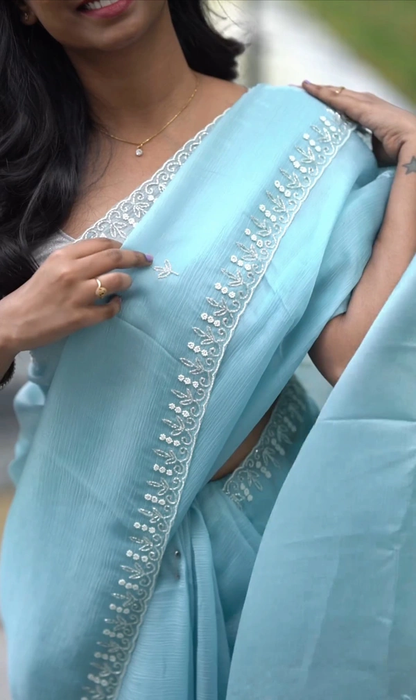 Ethereal Sky Blue Chiffon Saree with Delicate Embroidery - FREE