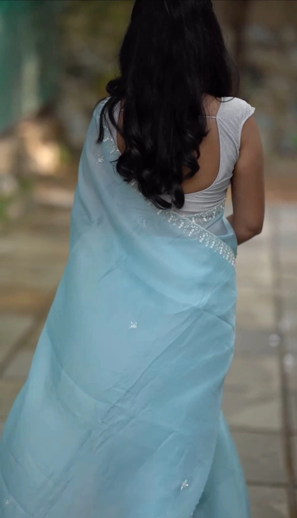Ethereal Sky Blue Chiffon Saree with Delicate Embroidery - FREE