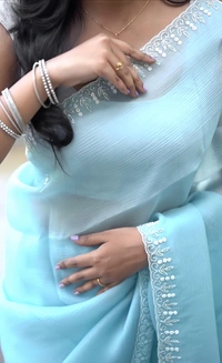 Ethereal Sky Blue Chiffon Saree with Delicate Embroidery - FREE