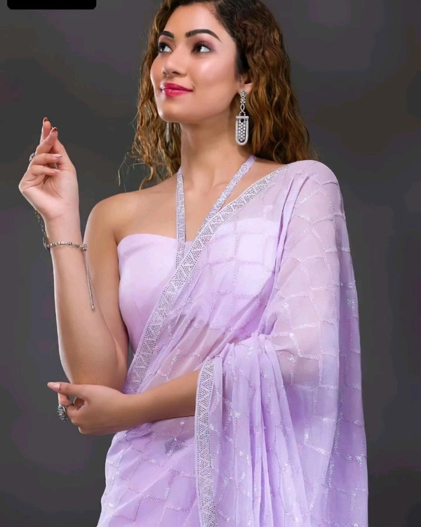 Lavender Elegance: The Diamond-Embellished Saree - Free
