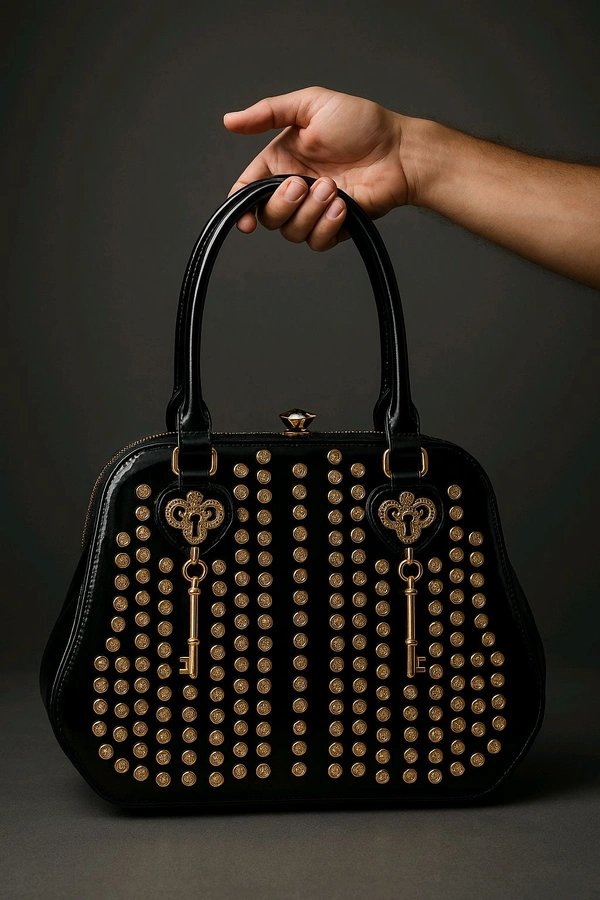 Oxybags Luxury Black Studded Handbag for Women | Designer Style Tote with Gold Key Charm & Embellishments - Black