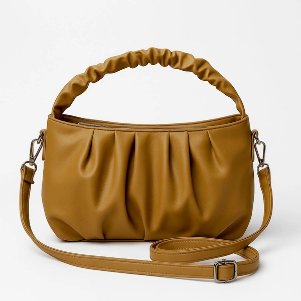 INOX Trendy Ruched PU Leather Shoulder Bag for Women | Mustard, Dark Peach, Grey | Stylish Handbag with Adjustable Strap - brown