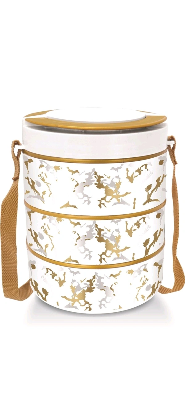 3LAYER ROUND LUNCH.BOX 3 Insulated Tiffin Lunch Box 1500ML Three Container with Dip Box Hot Fresh Food Leak Proof Stainless Steel Storage Food Grade Elegant Box for Kids Adults Return Gift - White