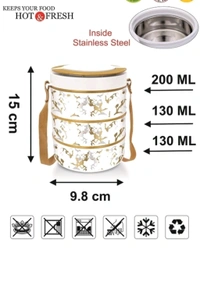 3LAYER ROUND LUNCH.BOX 3 Insulated Tiffin Lunch Box 1500ML Three Container with Dip Box Hot Fresh Food Leak Proof Stainless Steel Storage Food Grade Elegant Box for Kids Adults Return Gift - White