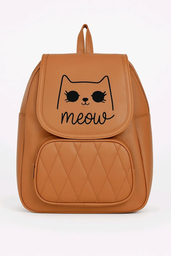 Stylish Tan Faux Leather Backpack for Women & Girls | Cat Design with "Meow" Print | Lightweight Casual Daypack with Quilted Front Pocket - Tan