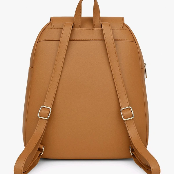 Stylish Tan Faux Leather Backpack for Women & Girls | Cat Design with "Meow" Print | Lightweight Casual Daypack with Quilted Front Pocket - Tan