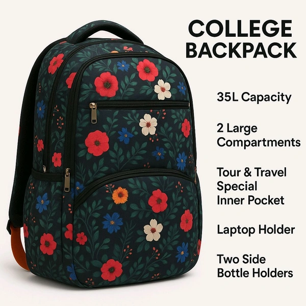 35L College Backpack for Men & Women | Laptop Holder | Tour & Travel Special with Hidden Inner Pocket | Dual Side Bottle Holders | Stylish School & College Bagpack - Navy Blue