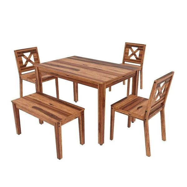 Werfo Manjano 4 seater sheesham wood Dining set - Table: (4 seater): L 1.14 m x W 76 cm x H 76 cm (45 x 30 x 30 in inches) Bench: L 80cm x W 39.5cm x H 45cm (31.4 x 15.5 x 17.7 inches) Chair: D 52 cm x W 43 cm x H 84 cm (33 x 16.9 x 20.4 inches)