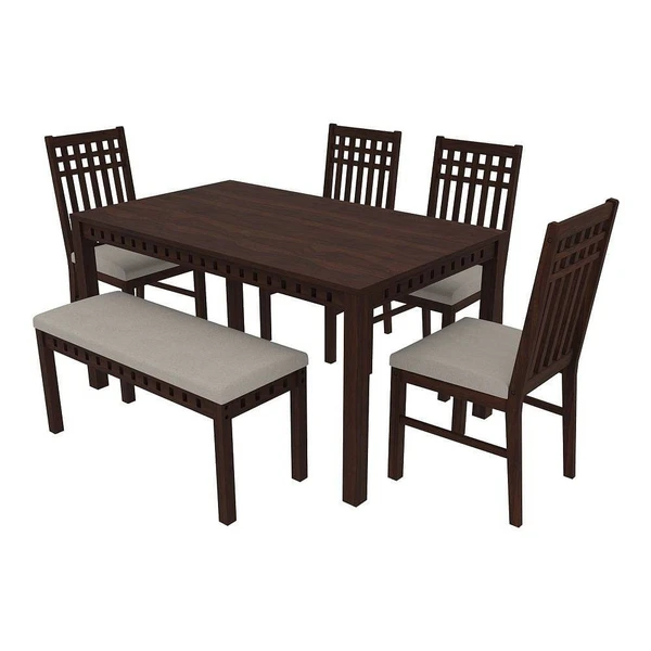 werfo Kopra 6 seater Dining Set (with cushion omega pearl) - Table: (6 seater): L 1.47 m x W 89 cm x H 76 cm (58 x 35 x 30 inches) Bench: L 1 m x W 39.5 cm x H 48 cm (39.3 x 15.5 x 18.8 inches) Chair: L 46 cm x W 50.5 cm x H 99.5 cm (18.1 x 19.8 x 39.1 inches)