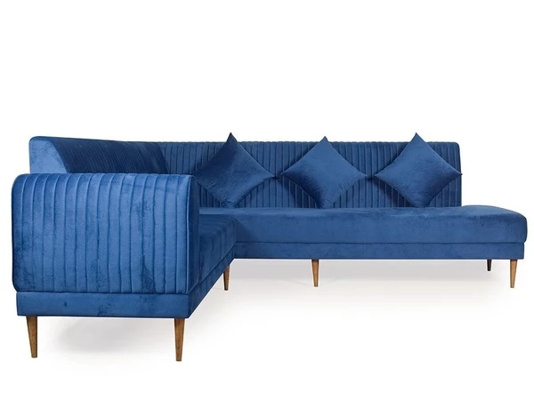 Werfo Evelyn Sectional Sofa In Blue Fabric (RHS) - 3 Seater: 77(W) X 31.2(D) X 31.5(H) inches; Lounger: 30(W) X 68(D) X 31.5(H) inches, Seating Height: 18 inches.