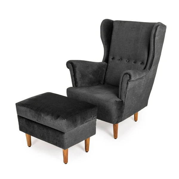 werfo Nicco Wing Chair + Ottoman - Charcoal Grey