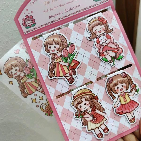 Kawaii Magnetic Bookmark & Stickers - Red
