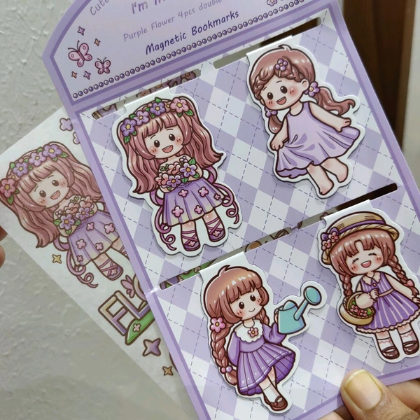 Kawaii Magnetic Bookmark & Stickers - Purple
