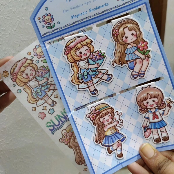 Kawaii Magnetic Bookmark & Stickers - Blue