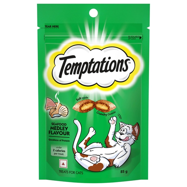 TEMPTATIONS CAT TREATS SEAFOOD MEDLEY FLAVOUR - 85 GM