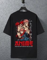 Men's Big Print Anime Black T-Shirt - Black, L