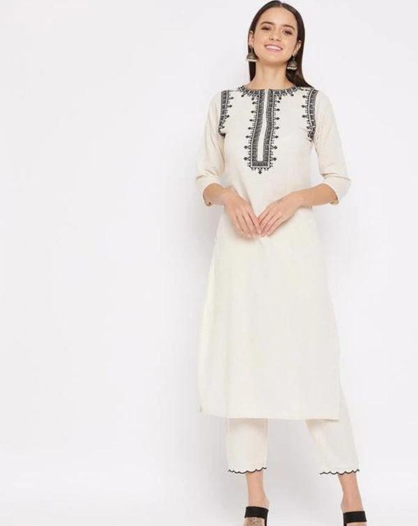 Women Off White Cotton Embroidered Kurta - White, XL