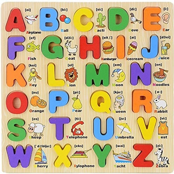 wooden capital alphabet puzzles with pictures for children, montessori educational learning letters puzzle board toy- Multi color